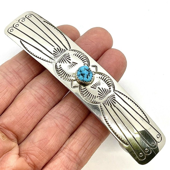 Navajo Hair Barrette Turquoise 4in Large Handmade Stamped Sterling Ornament Clip main image 5